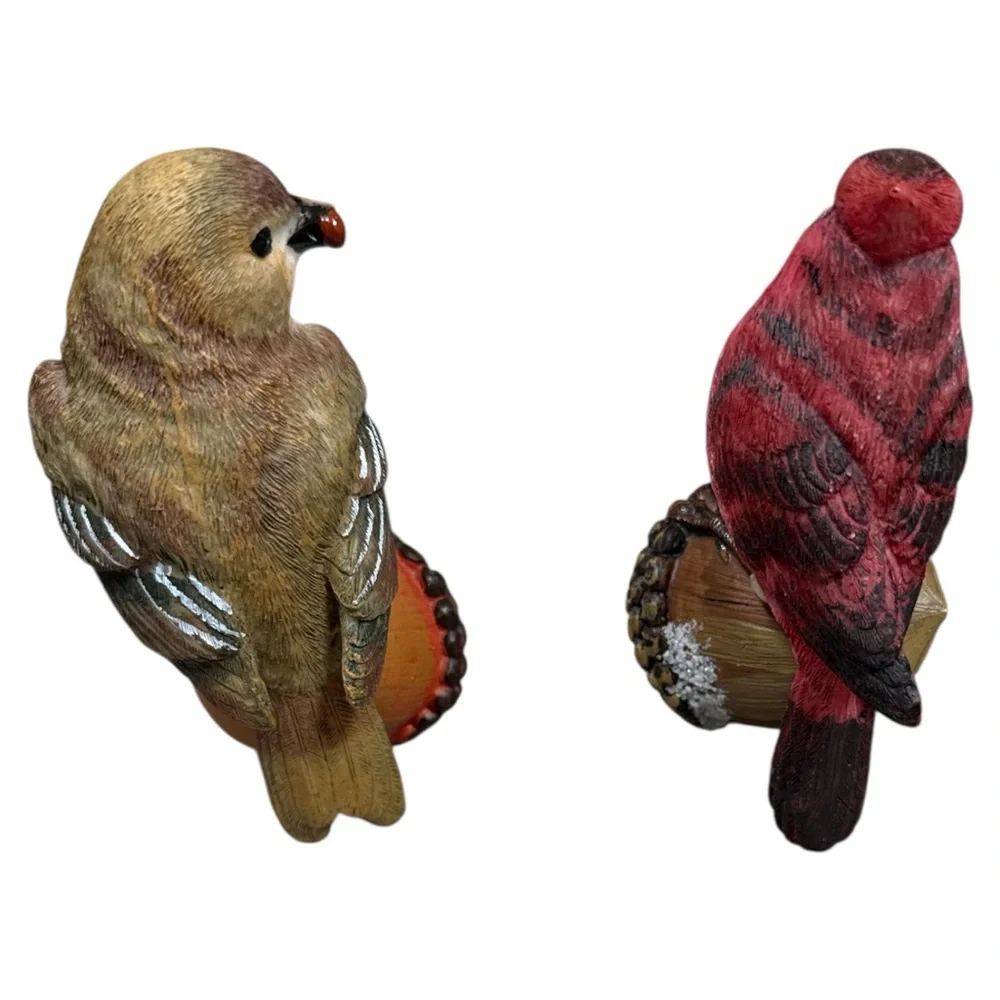 Cardinal & Finch Bird Acorn‎ Figurines Set Hand Painted Resin Fall Winter Decor
